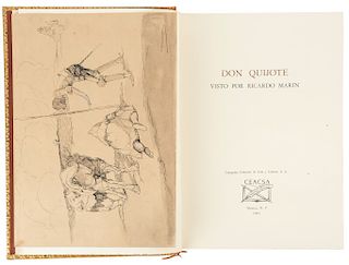 Gual, Enrique. Don Quijote Visto por Ricardo Marín. México, 1965. Incluye dibujo original a tinta, firmado por el artista Ricardo Marin