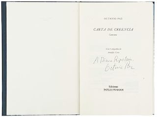 Paz, Octavio. Carta de Creencia. Cantata. México: 1987. Con 3 serigrafías de Arnaldo Coen. Edición de 300 ejemp. firmados y numerados.