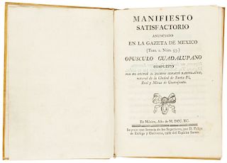 Bartolache, Joseph Ignacio. Manifiesto Satisfactorio. Opúsculo Guadalupano. México: 1790. Anunciado en la Gazeta de México. 2 grabados.