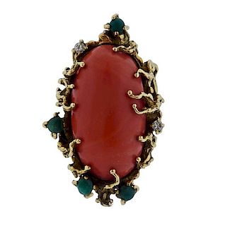 1970s 14k Gold Free Form Coral Diamond Ring 