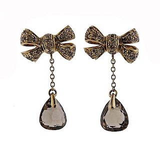 Pomellato Forever 18k Gold Diamond Smoky Quartz Bow Drop Earrings
