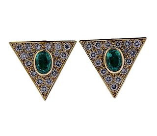 18K Gold Diamond Emerald Triangle Earrings
