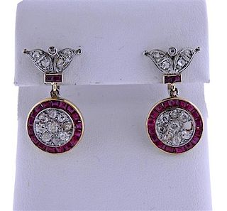 18K Gold Platinum Diamond Red Stone Earrings