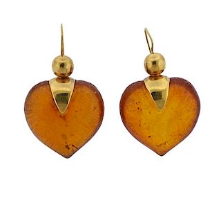 Large 18K Gold Orange Stone Heart Earrings