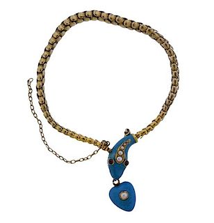 Antique 18K Gold Pearl Red Stone Enamel Snake Bracelet