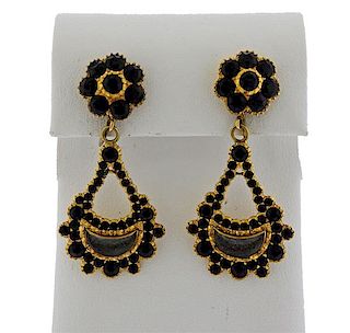 Antique 14K Gold Black Clear Stone Drop Earrings