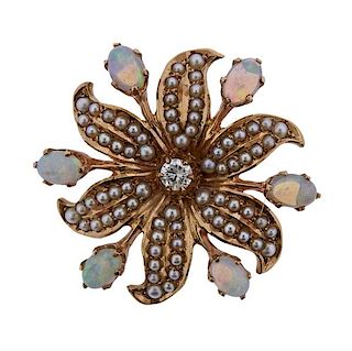 Antique 14K Gold Diamond Opal Pearl Pendant Brooch