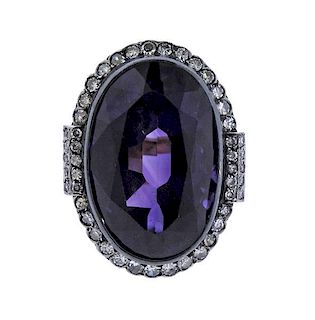 18K Gold Silver Diamond Purple Stone Cocktail Ring