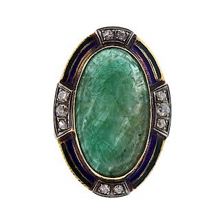 Antique 14K Gold Diamond Green Stone Cameo Enamel Ring