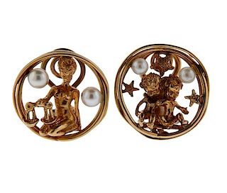 Ruser 14k Gold Pearl Libra Gemini Zodiac Earrings 