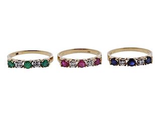 14K Gold Diamond Colored Stone Band Ring Lot of 3