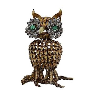 1960s 14k Gold Diamond Owl Brooch Pin 