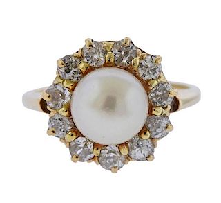 14K Gold Diamond Pearl Halo Ring