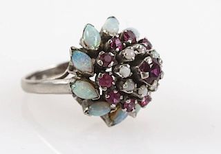 Ladies 18k White Gold, Opal, and Ruby Dome Ring
