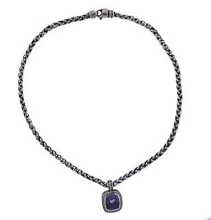 David Yurman Albion Silver Diamond Purple Stone Pendant Necklace