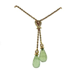 18K Gold Diamond Green Stone Drop Pendant Necklace