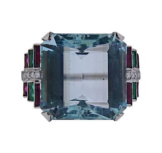 Platinum 35Ct Aquamarine Diamond Gemstone Ring