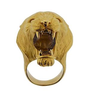 Carrera Y Carrera 18K Gold Smoky Quartz Lion Head Ring