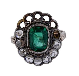 Antique 18K Gold Silver Rose Cut Diamond Green Stone Ring