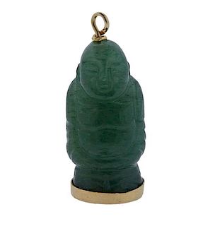 18K Gold Carved Green Stone Buddha Pendant