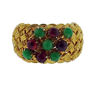14K Gold Colored Stone Wide Band Ring