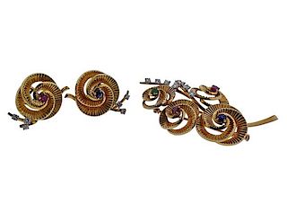 18K Gold Diamond Multi Color Stone Swirl Earrings Brooch Set