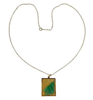 18k Gold Carved Jade Pendant Necklace 