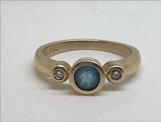 BLUE ZIRCON & DIAMOND RING BEZEL SET IN 14K GOLD