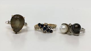 3- 14KT GOLD RINGS, DOUBLE PEARL, TOPAZ &