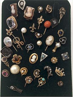 COLLECTION OF STICK PINS, SOME W/ DIAMONDS, PEARLS