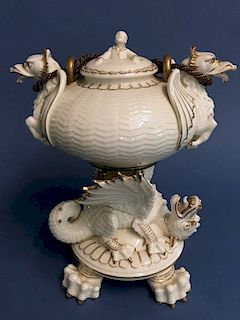 MONUMENTAL DOUBLE SPOUTED CHINESE TEA URN ON