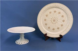 1ST PER. BELLEEK CAKE STAND & RARE LACE TRAY
