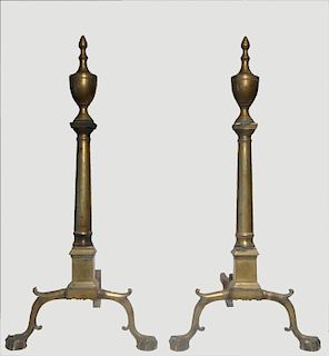 PR OF 18THC. URN TOPPED CHIPPENDALE BRASS ANDIRONS