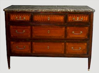 19THC. 3 DRAWER INLAID MARBLE TOP COMMODE