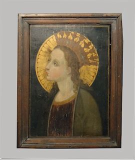 O/PANEL OLD MASTER SAINT IN GREEN ROBE W/ CROWN