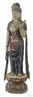 Large Cambodian carved and painted figure of a deity, 63'' h.