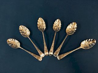 6 FINE QUALITY HAND CHASED GEO III BERRY SPOONS