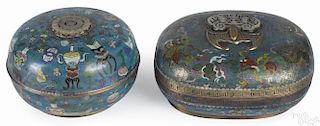 Two Chinese cloisonné covered boxes, 19th c., with inset jade medallions, 3 1/2'' h., 9'' w.