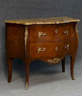 FRENCH BOMBAY 2 DR COMMODE W/ MARBLE TOP & INLAY