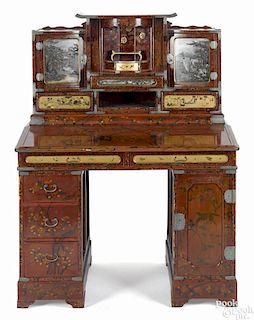 Japanese lacquer desk, late 19th c., the upper section with painted landscape door panels
