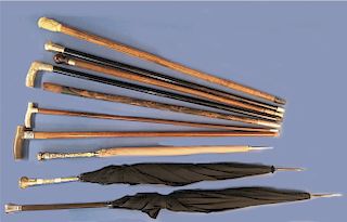 10 CANES & UMBRELLAS, 5 W/ GOLD PLATED HANDLES