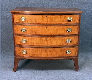 TIGER MAPLE & MAHOGANY BOW FRONT CHEST ON TALL