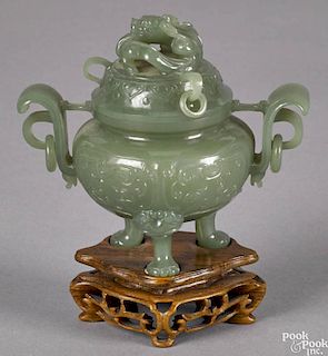 Chinese carved green jade censer with a foo lion finial, 3 1/2'' h.