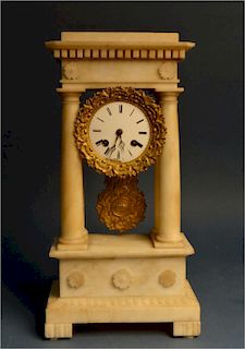 MARBLE PORTICO CLOCK ,MINOR CHIPS  15 3/4" T X 8"