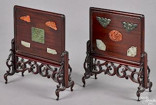 Pair of Chinese rosewood table screens, ca. 1900, with jade and hardstone appliqués, 8'' h.
