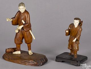 Two Japanese carved boxwood, ivory, and mother of pearl appliquéd figures, Meiji period, 9 1/2'' h.