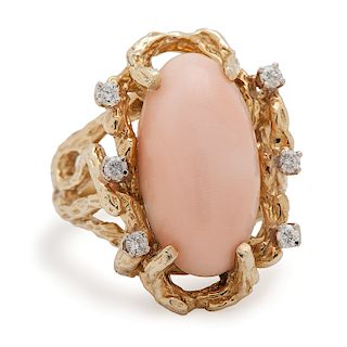 18 Karat Gold Coral and Diamond Ring
