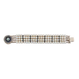 14 Karat White Gold Pearl and Sapphire Bracelet