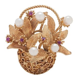18 Karat Yellow Gold Ruby and Pearl Brooch