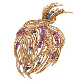 18 Karat Yellow Gold Ruby and Sapphire Brooch